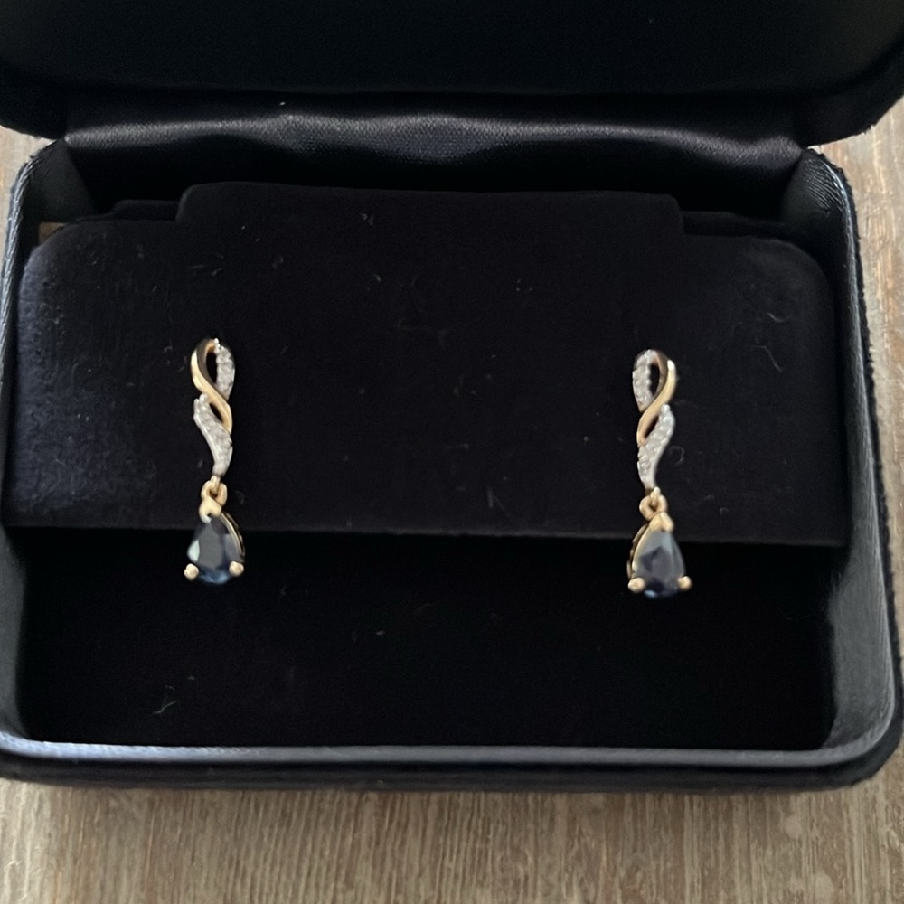 10K Y Gold, Blue Sapphire & Diamond Accent, Drop Earrings